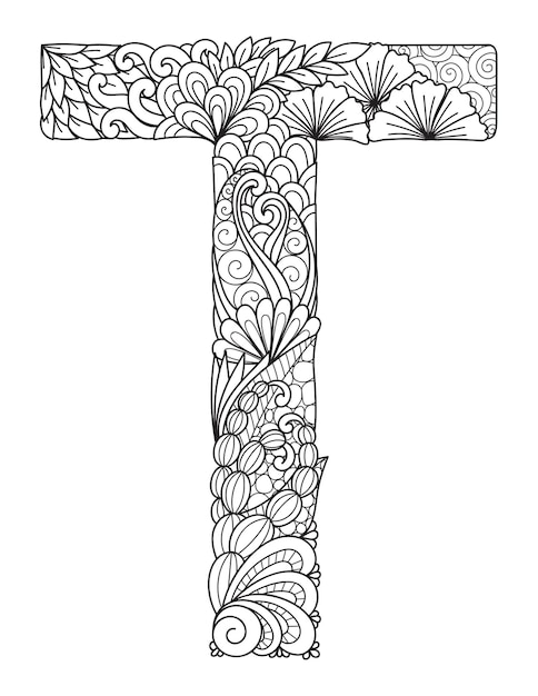 Premium vector mandala letter t monogram adult coloring book engraving design