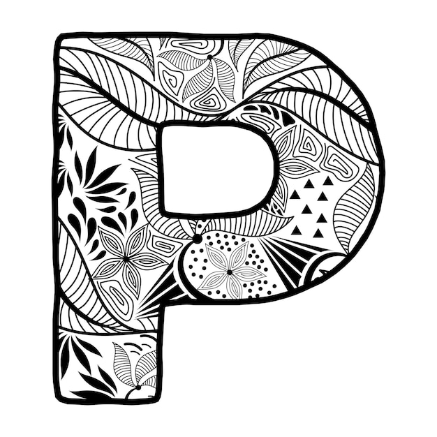Premium vector hand drawn capital letter p in black coloring sheet for adults