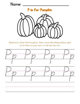 Color trace print fall pumpkin handwriting letter p worksheet pre