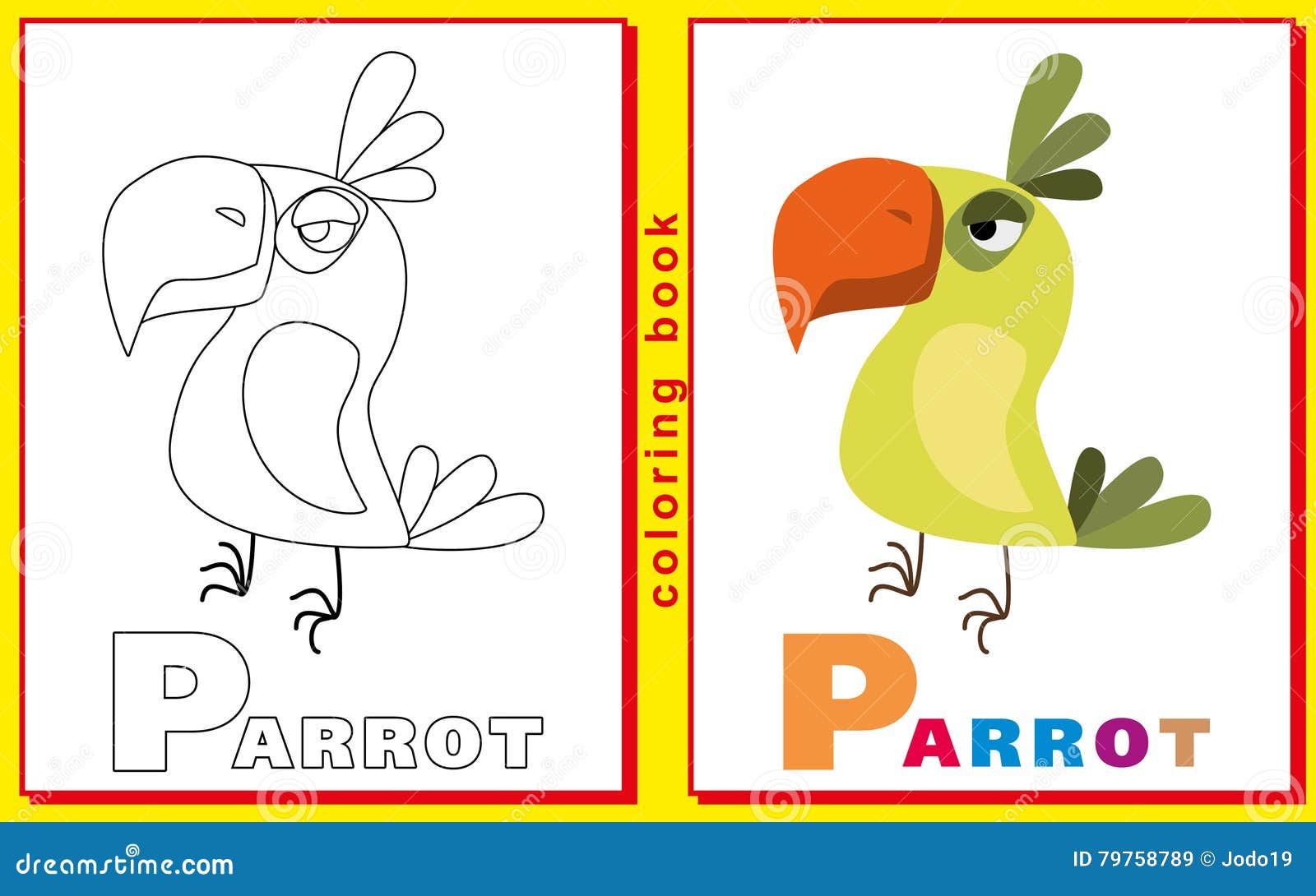 Coloring book for kids with letters and words litter p parrot stock vector