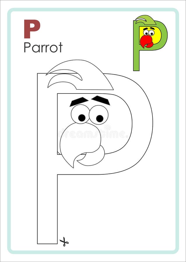 Alphabet picture letter p colouring page parrotl craft stock illustration