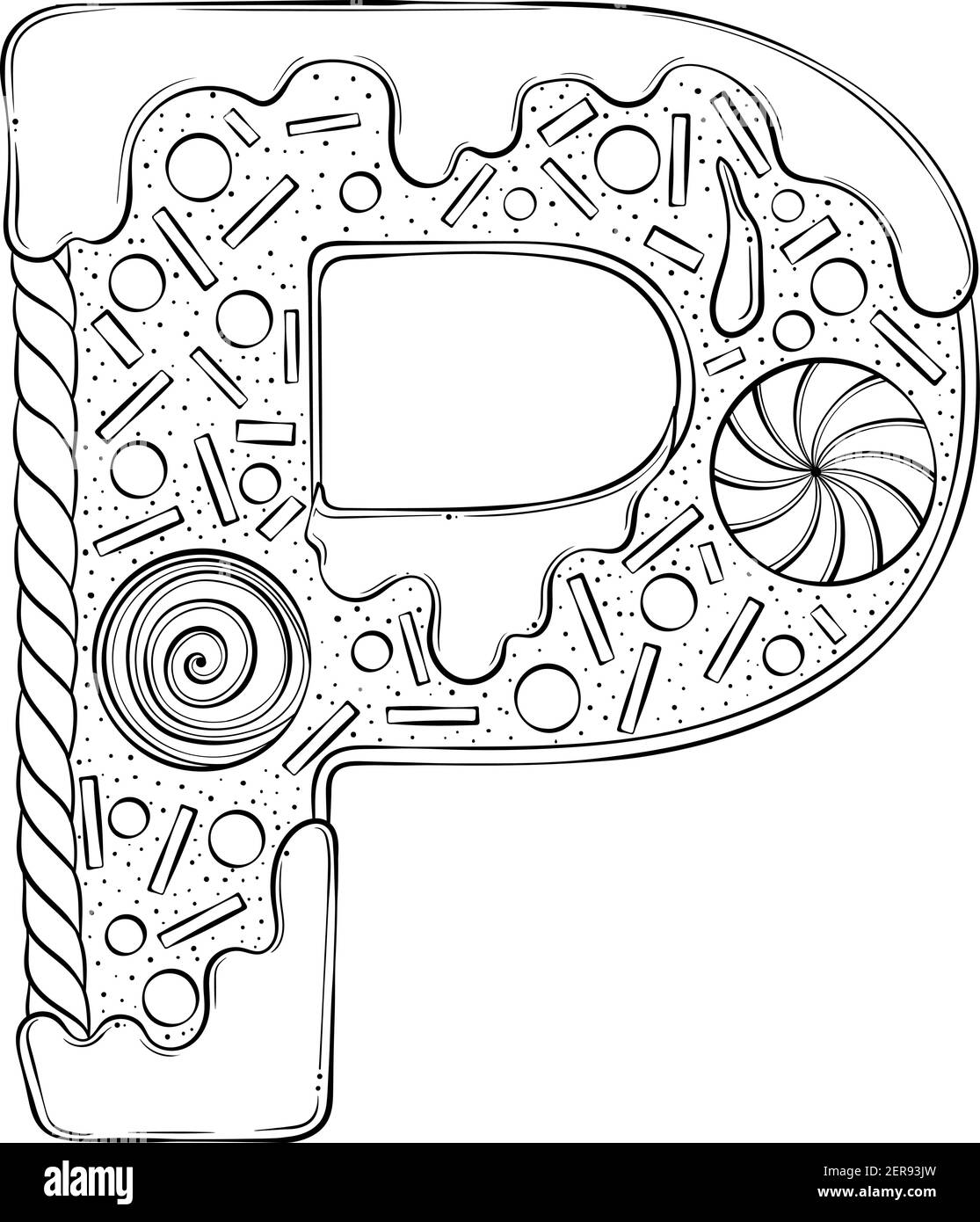 Letter p gingerbread cookies in the form of letters cartoon vector font made in hand drawn line art style isolated on white background lettering logo template coloring book design stock vector image