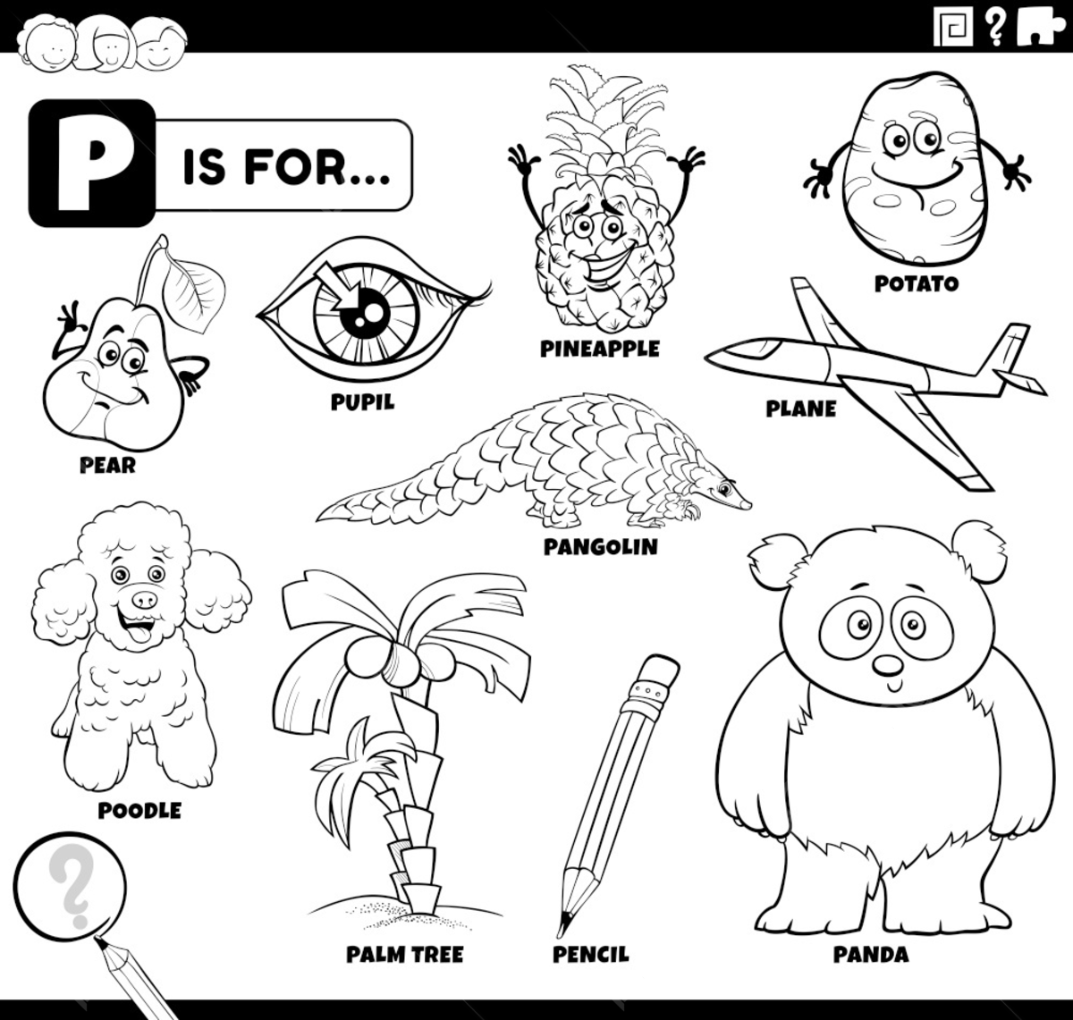 Black and white educational cartoon illustration for children with ic characters and objects set for letter p coloring book page template download on