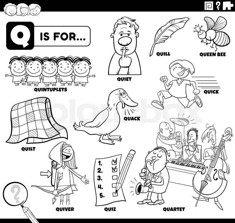Letter q words educational set coloring book page stock vector