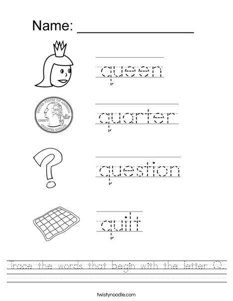Trace the words that begin with the letter q worksheet