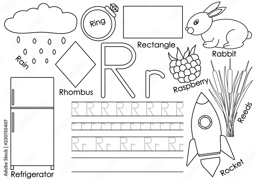 Letter r card with pictures and writing practice for preschool children learning english language coloring book vector