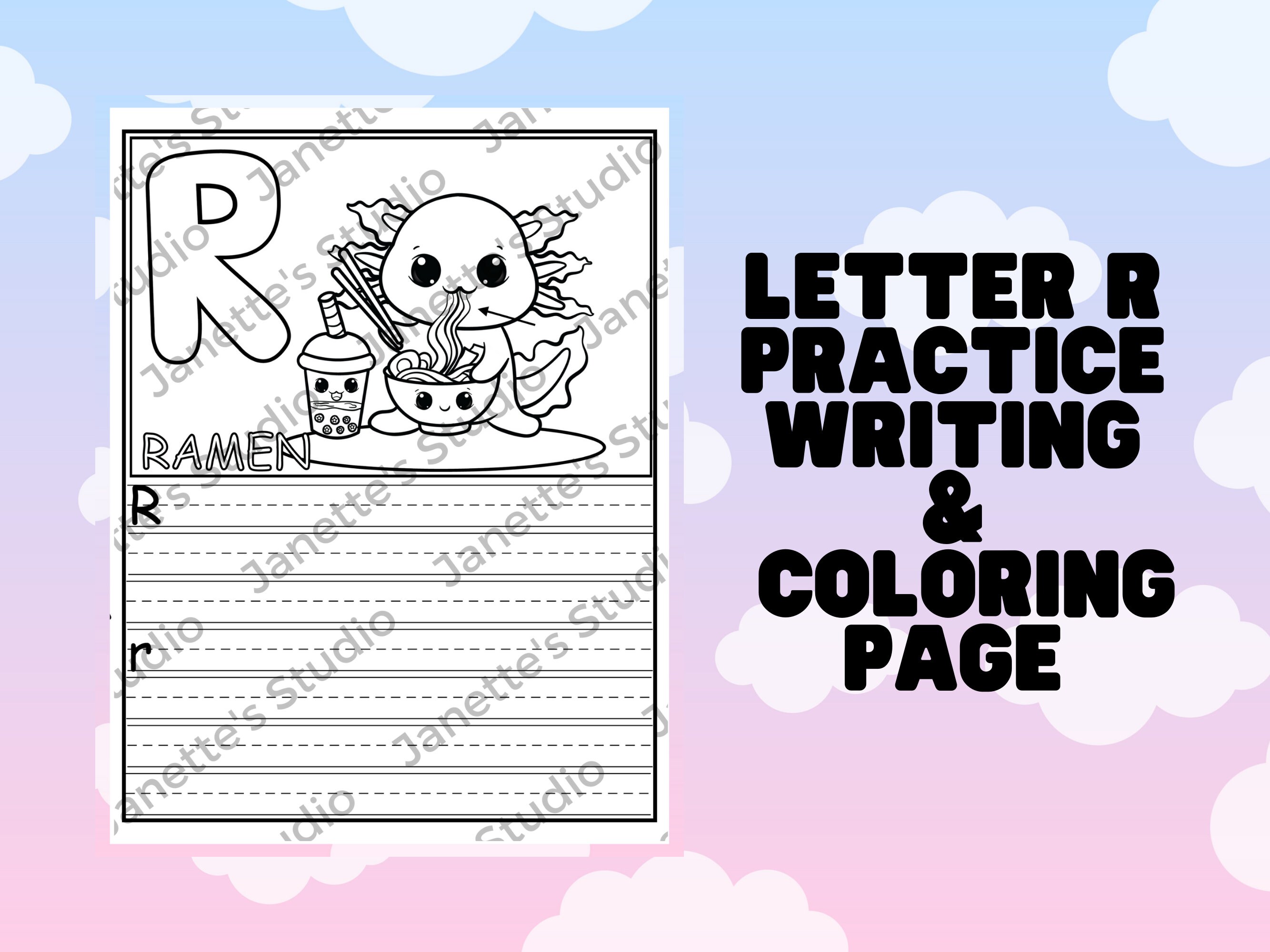 Kawaii axolotl letter r coloring page cute coloring page abcs digital download practice writing abc coloring page for kids coloring page