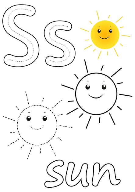 Premium vector coloring pages of sun and the letter s suitable for use in childrens coloring books