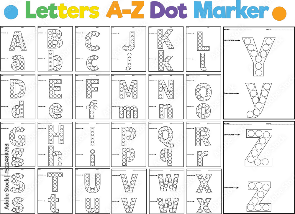 Alphabet dot marker book dab the dot activity printable worksheets kindergarten coloring pages vector