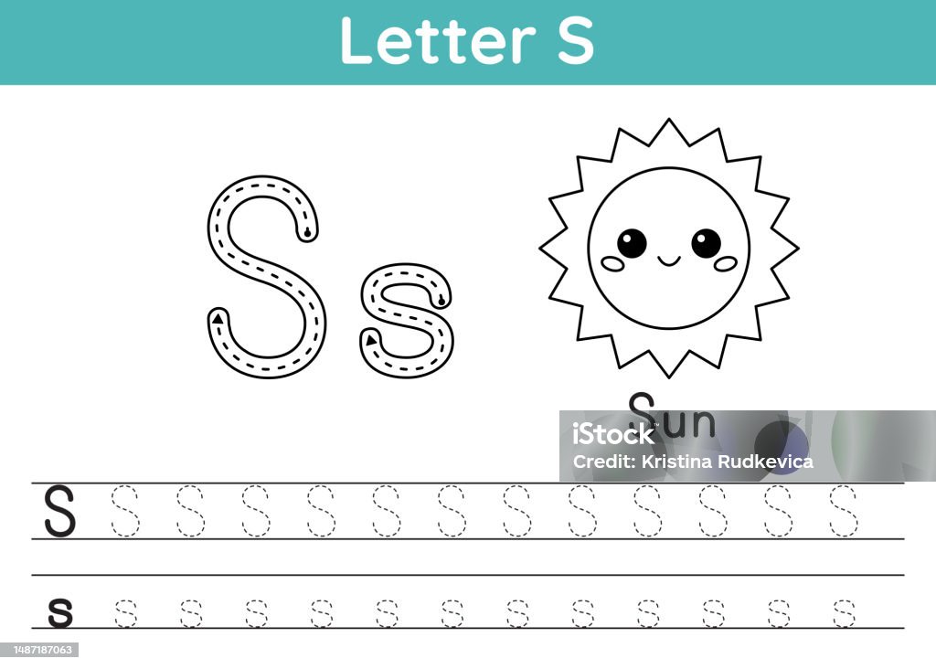 Alphabet abc az exercise coloring page trace letter s vocabulary for coloring book cute kawaii sun printable activity worksheet educational game for kids vector illustration stock illustration