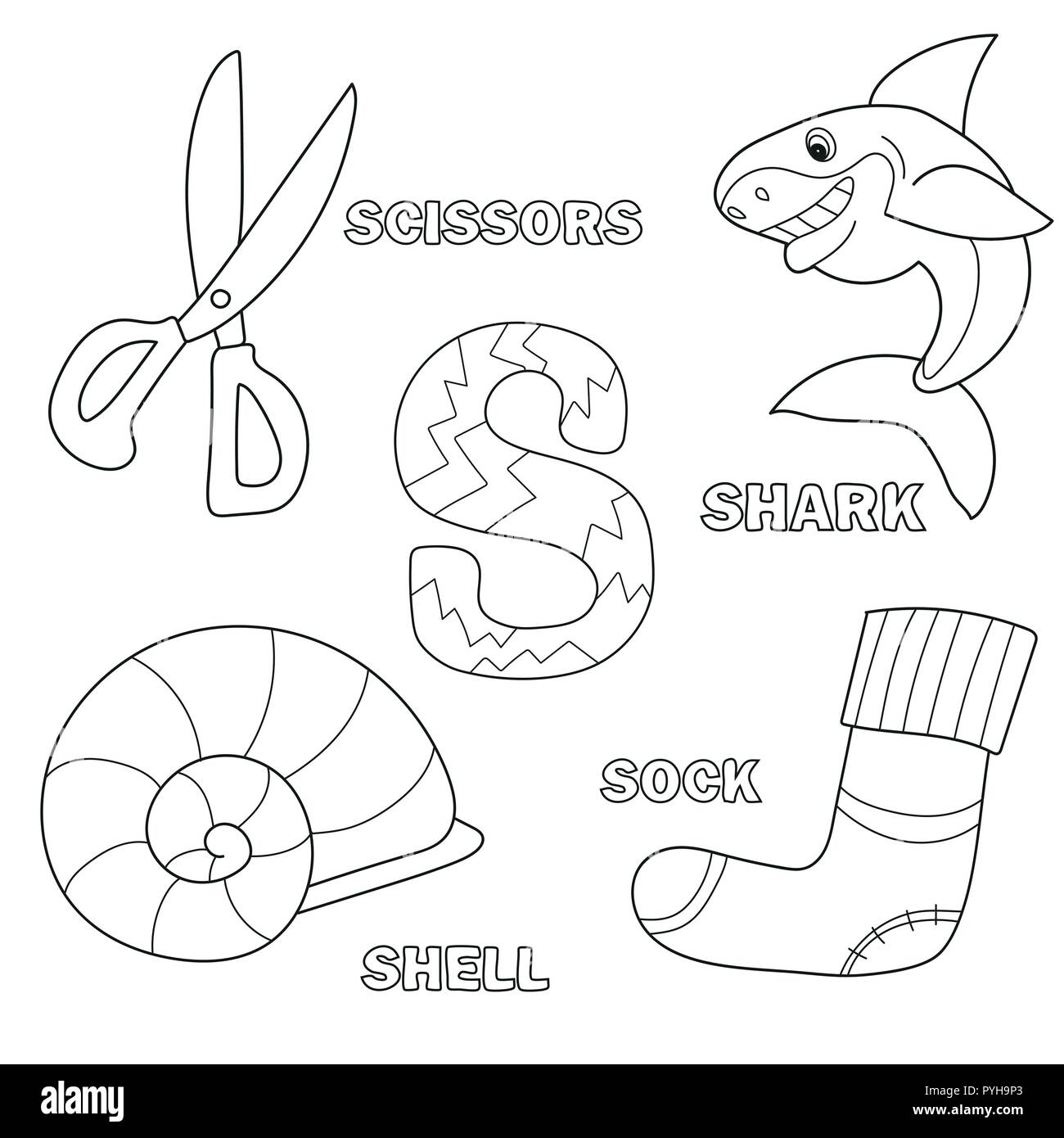 Alphabet coloring book page with outline letter s shark scissors sock shell stock vector image art