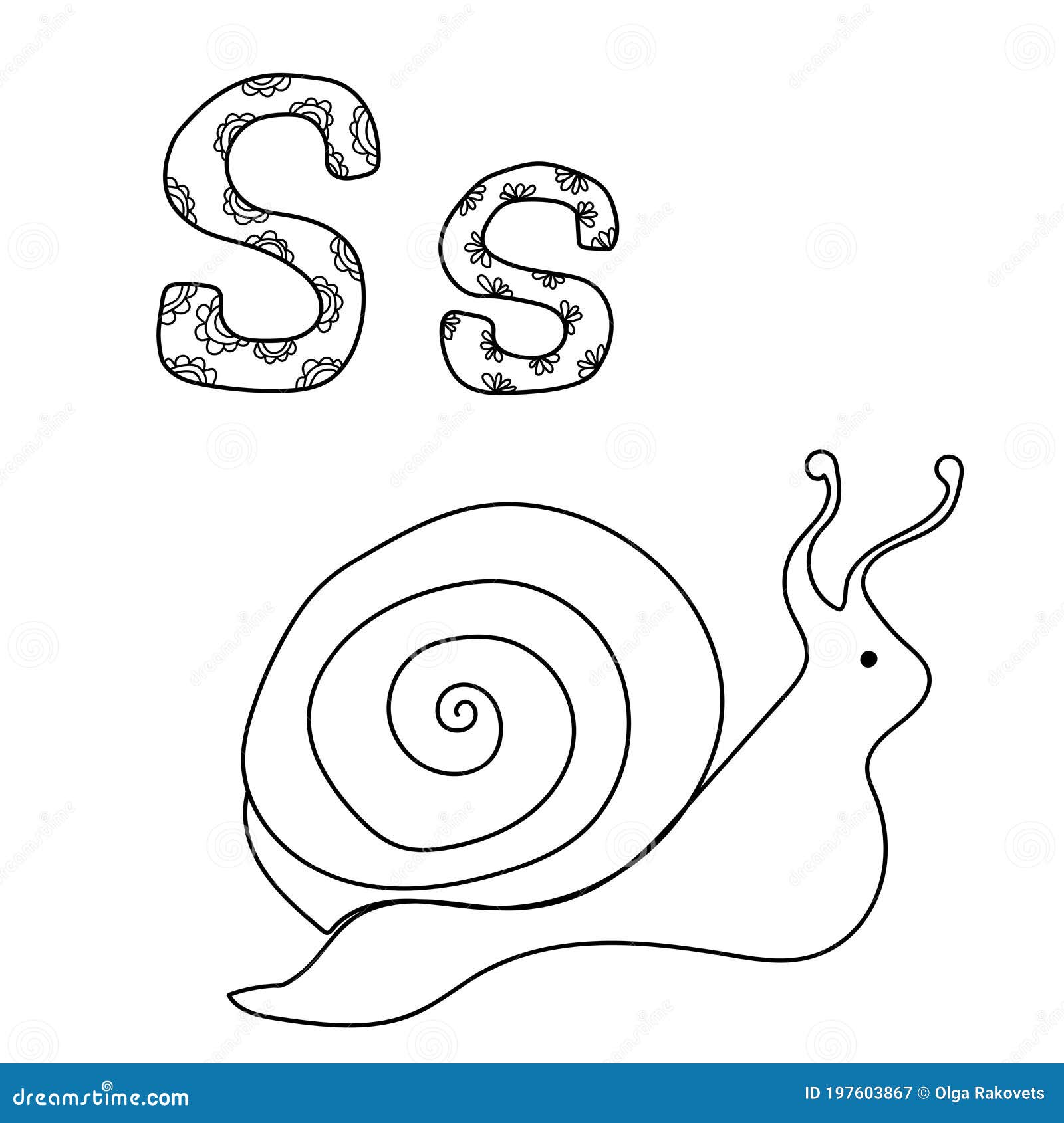 Coloring page for study letter s outline illustration of snail and volumetric letters with patterns stock vector