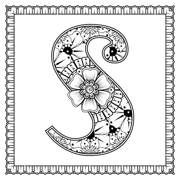 Premium vector letter s made of flowers in mehndi style coloring book page outline handdraw vector illustration