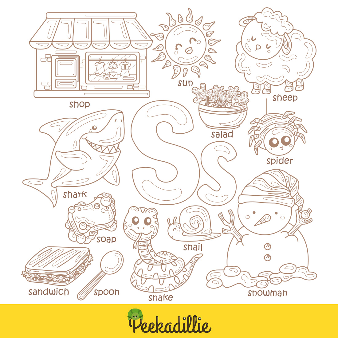 Alphabet s for shark sandwich soap snail snake salad spoon snowman spider shop sheep sun vocabulary school lesson cartoon digital stamp outline black and white
