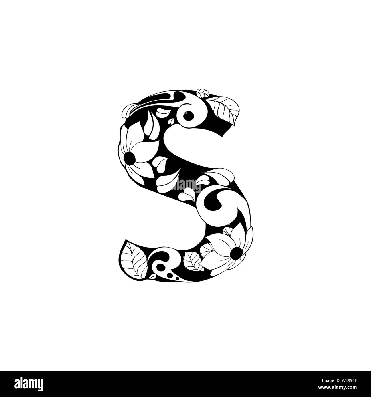 Floral letter outline illustration alphabet symbol for coloring book or laser cutting leaves flowers petals doodle drawing monochrome linear blossom monogram with black and white batik texture stock vector image art