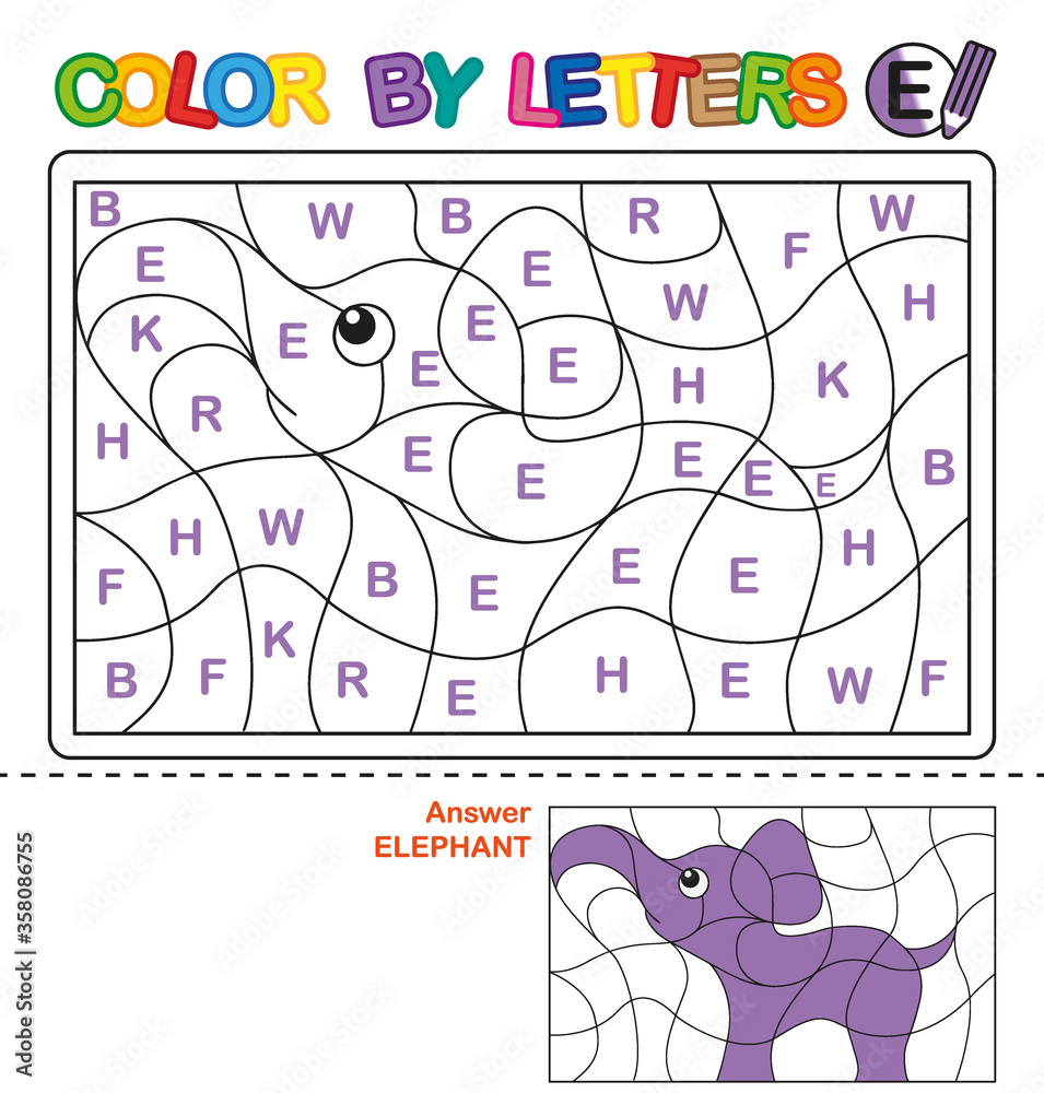 Abc coloring book for children color by letters learning the capital letters of the alphabet puzzle for children letter e elephant vector