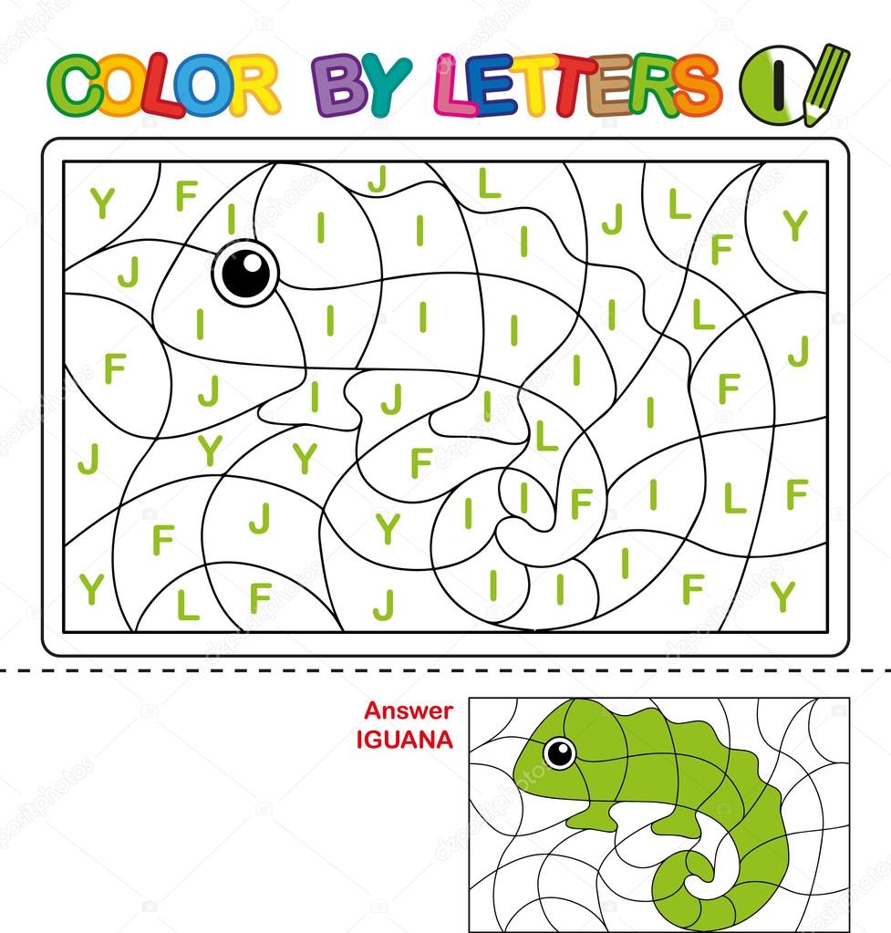 Color by letter puzzle for children iguana stock illustration by natasha