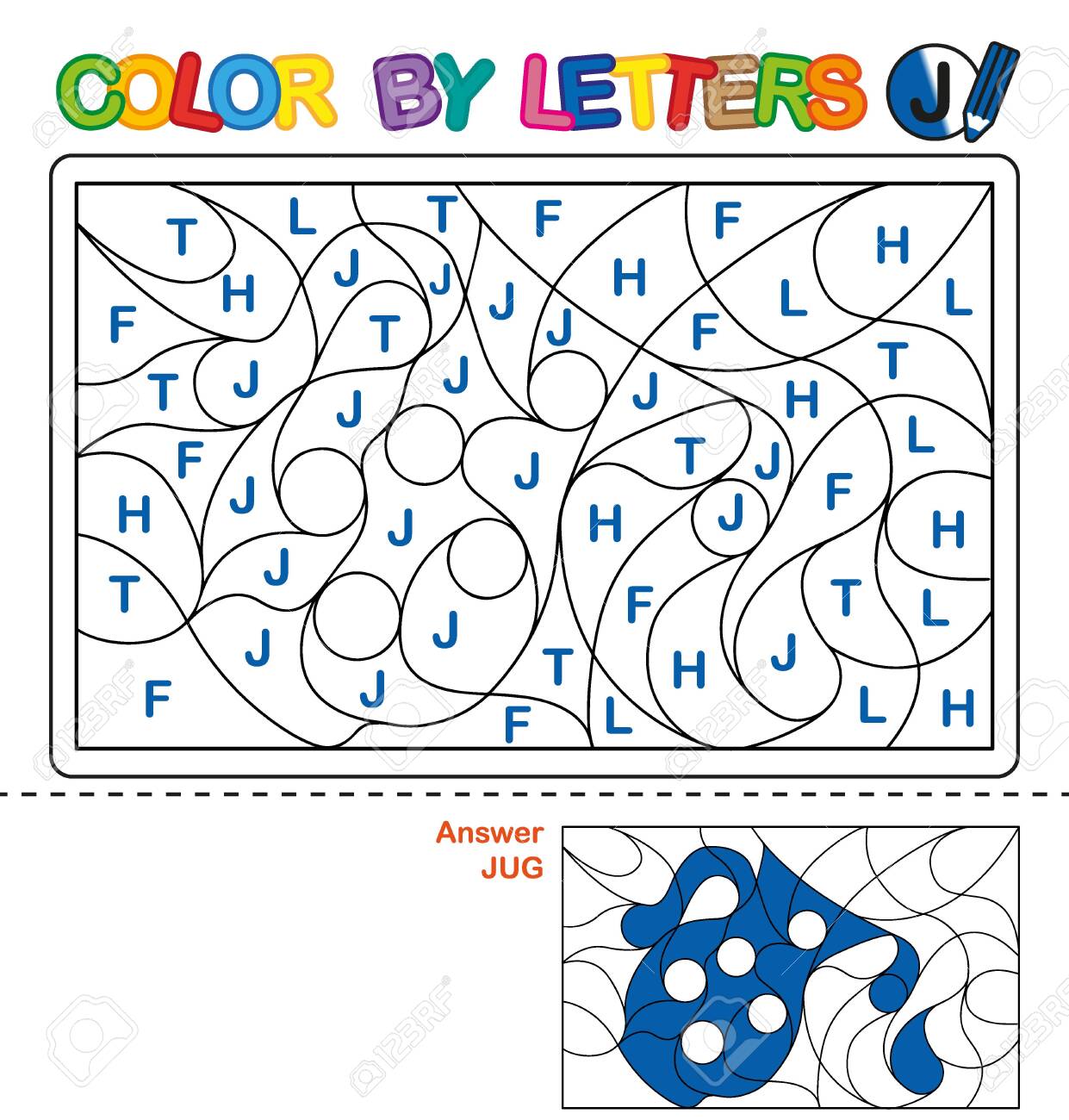 Abc coloring book for children color by letters learning the capital letters of the alphabet puzzle for children preschool education letter j jug royalty free svg cliparts vectors and stock illustration image