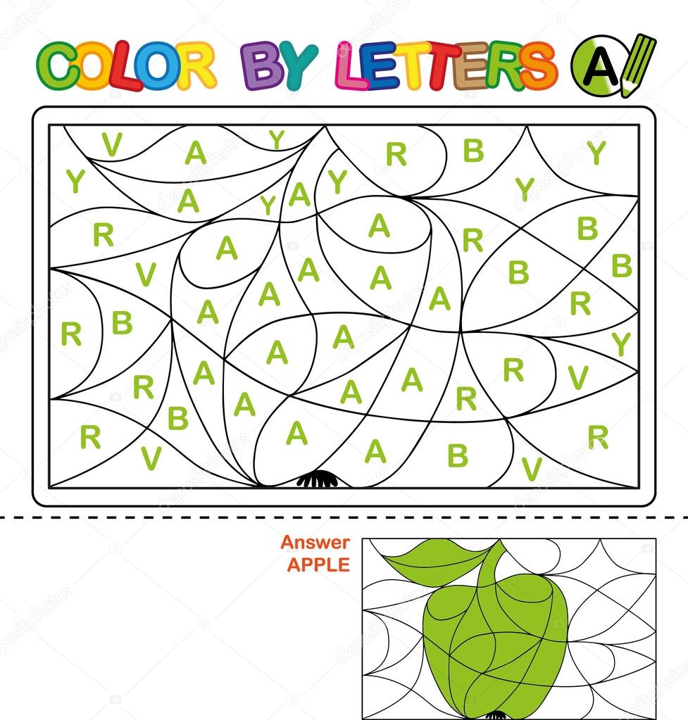 Color by letter puzzle for children apple stock photo by natasha