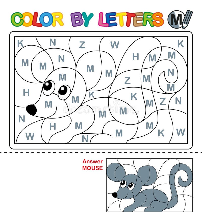 Color by letter puzzle for children mouse stock vector