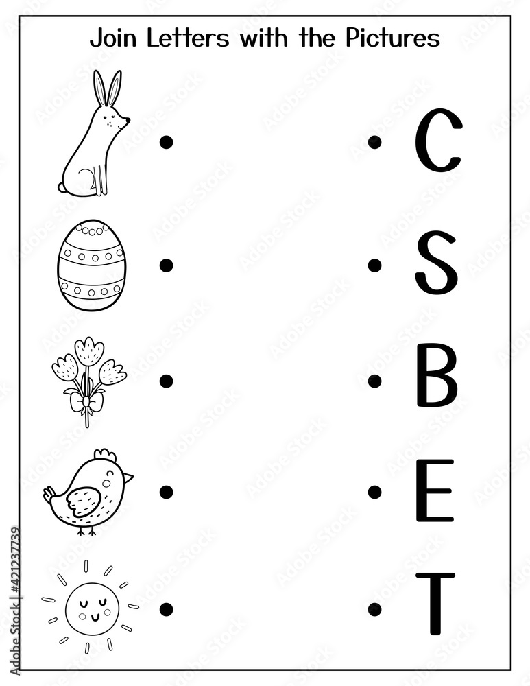 Match the letters with pictures game for kids easter matching activity puzzle for school and preschool black and white coloring page vector illustration vector