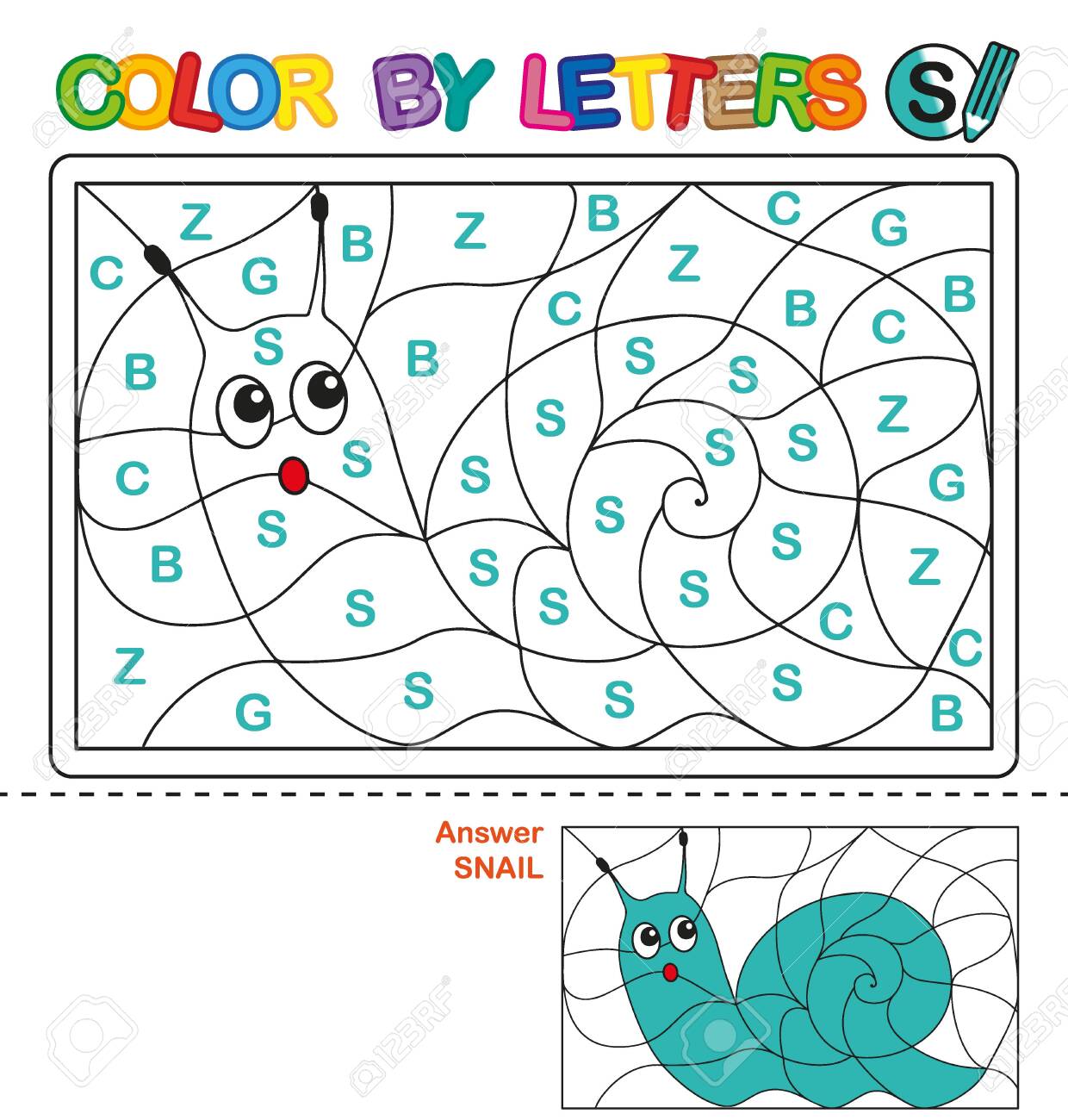Abc coloring book for children color by letters learning the capital letters of the alphabet puzzle for children preschool education letter s snail royalty free svg cliparts vectors and stock illustration image