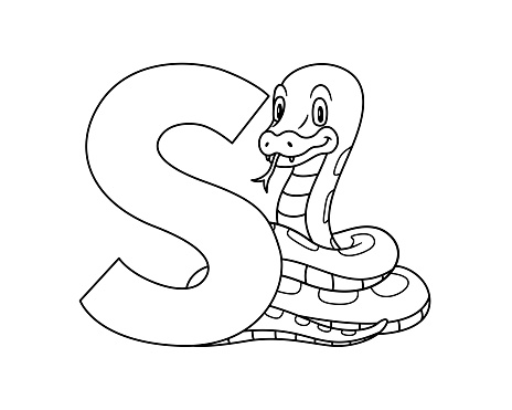 Animal alphabet capital letter s snake illustration for pre school education kindergarten and foreign language learning for kids and children coloring page and books zoo topic stock illustration