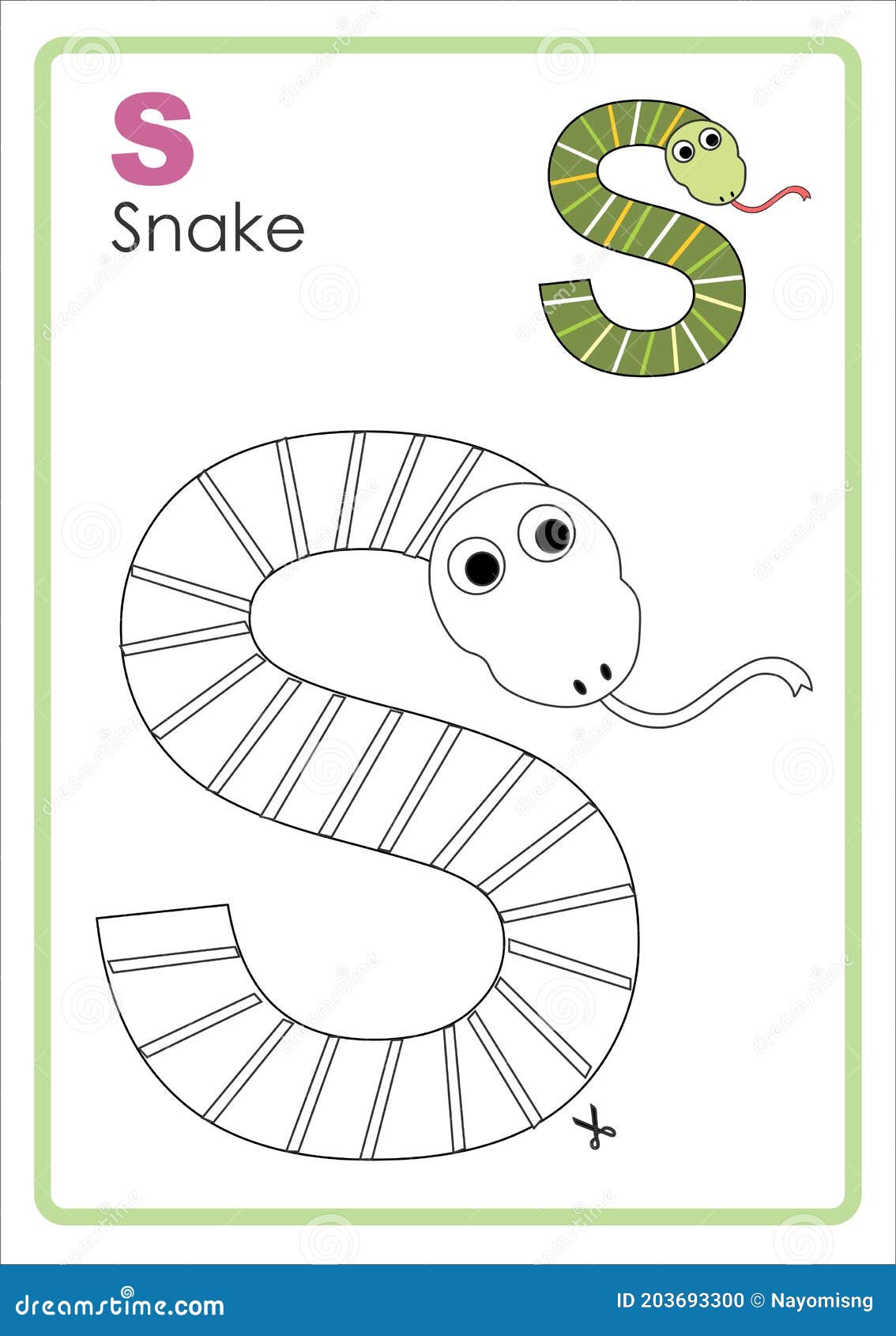 Alphabet picture letter s colouring page snake craft stock illustration