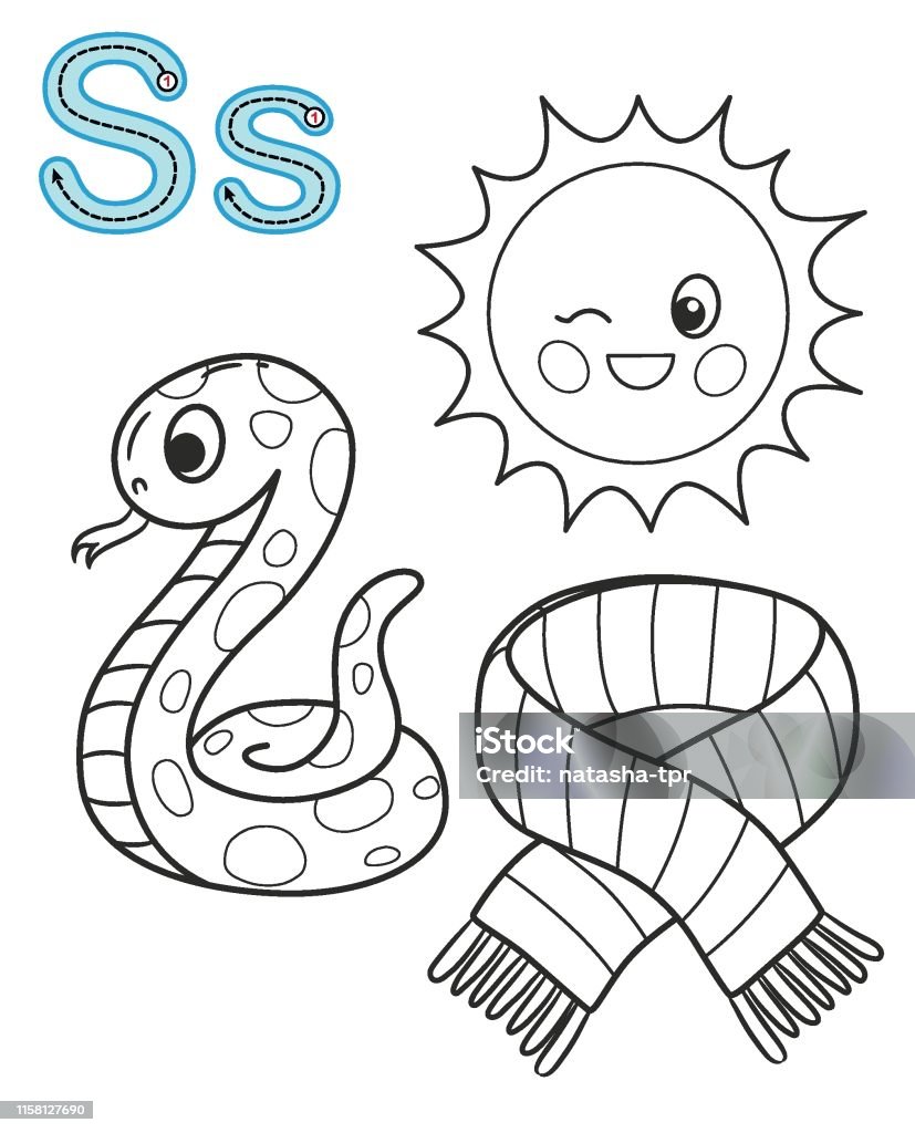 Letter s sun snake scarf vector coloring book alphabet printable coloring page for kindergarten and preschool stock illustration