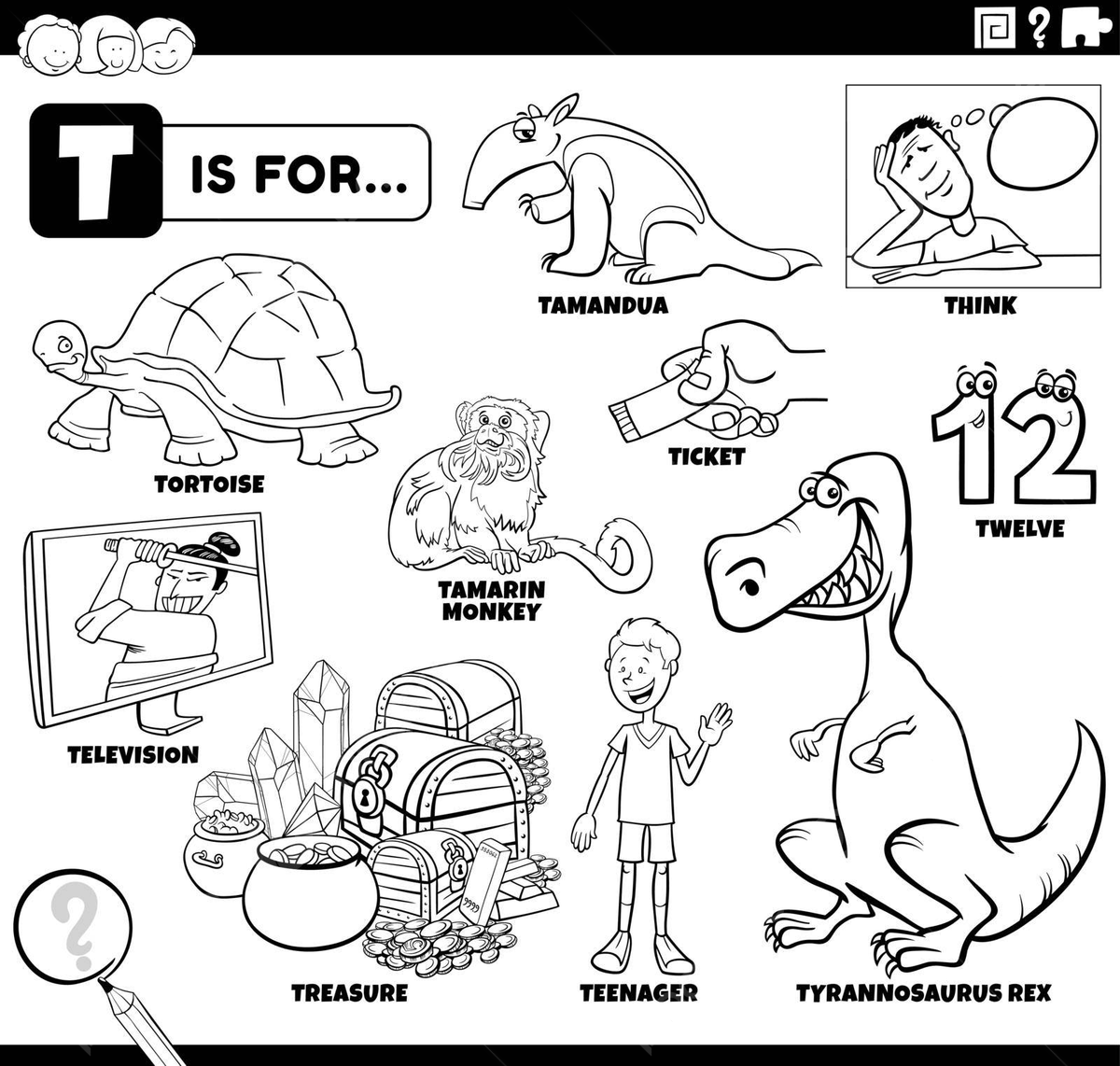 Coloring book page with educational set of words starting with letter t vector cat drawing book drawing star drawing png and vector with transparent background for free download