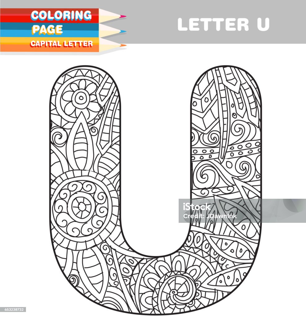 Adult coloring book capital letters hand drawn template stock illustration