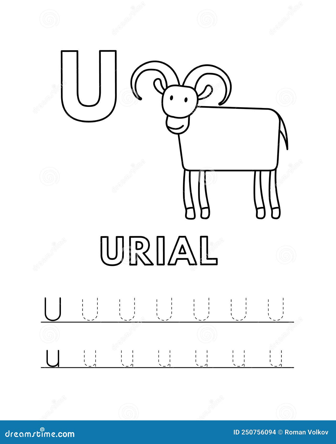Vector cute cartoon animals alphabet and tracing practice letter u urial coloring pages stock vector