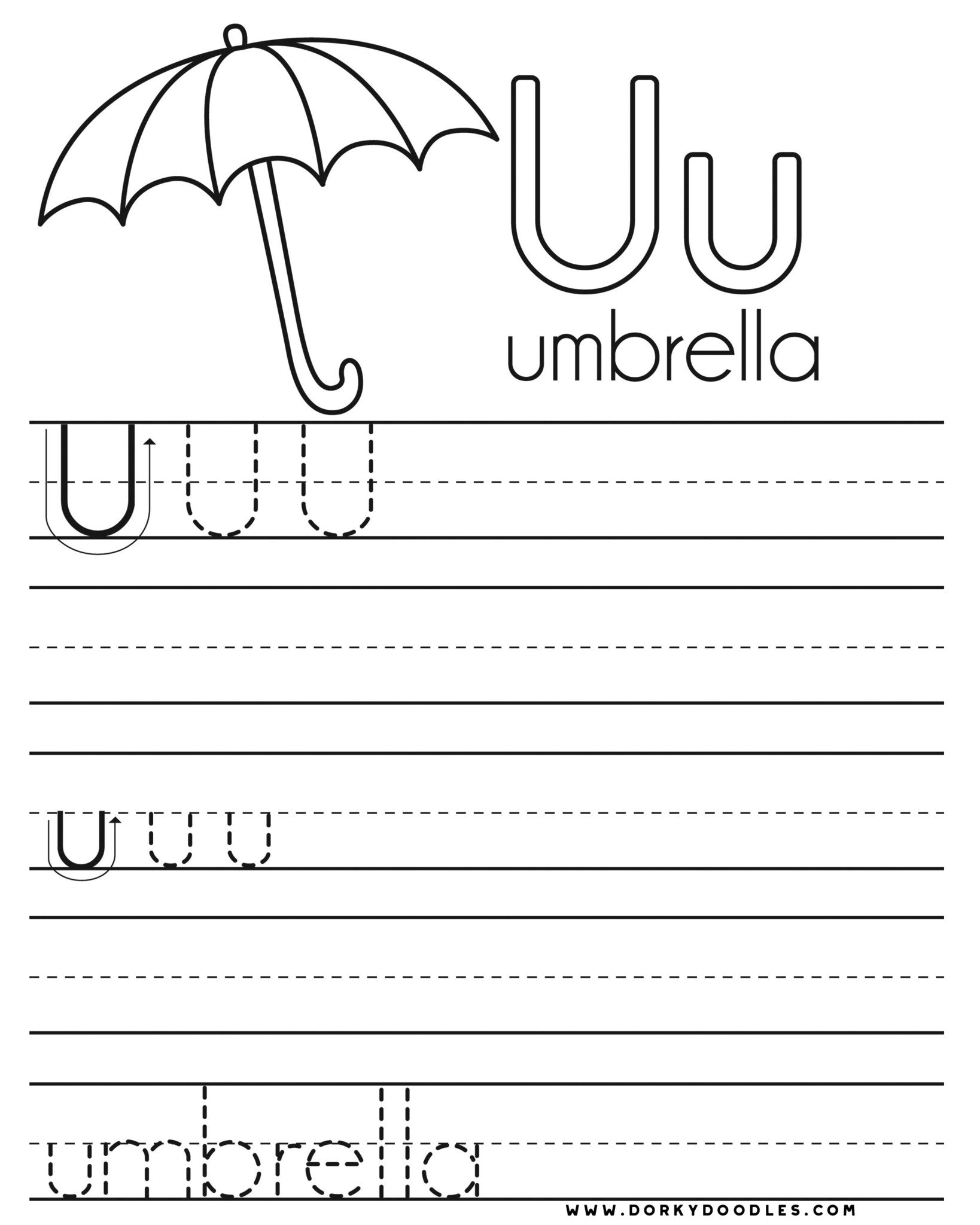 Letter u writing practice and coloring page â dorky doodles