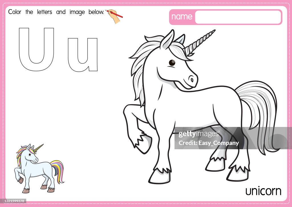 Vector illustration of kids alphabet coloring book page with outlined clip art to color letter u for unicorn high