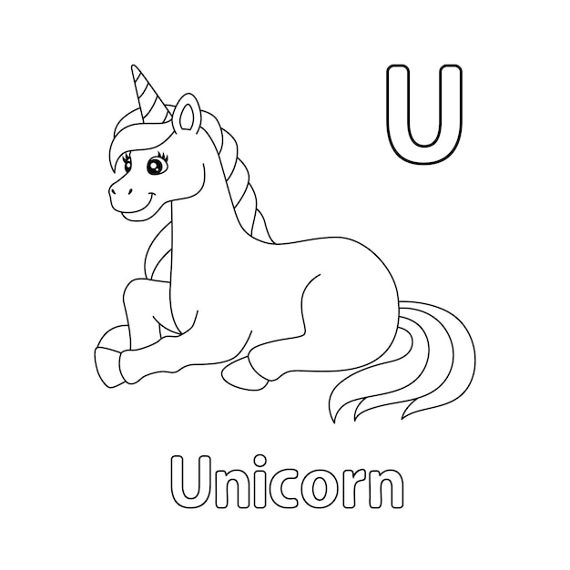 Premium vector laying unicorn alphabet abc coloring page u