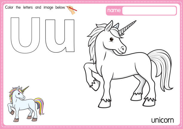 Vector illustration of kids alphabet coloring book page with outlined clip art to color letter u for unicorn stock illustration