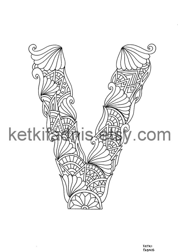 Letter v coloring page instant pdf download alphabet coloring page hand drawn diy printable coloring page letter illustration