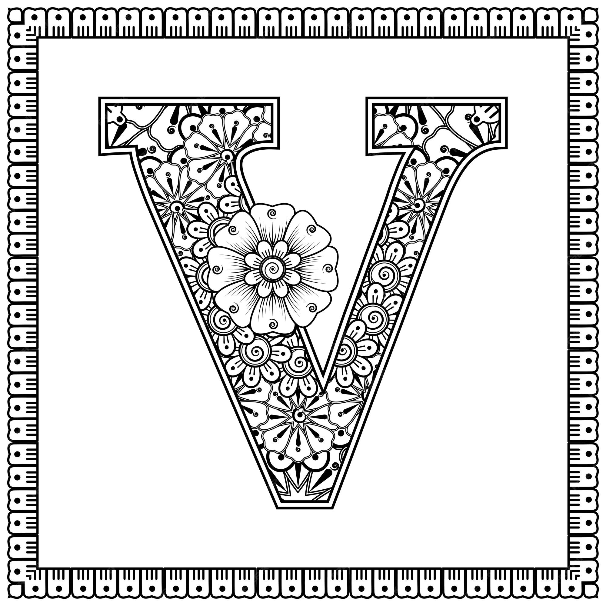 Premium vector letter v made of flowers in mehndi style coloring book page outline handdraw vector illustration