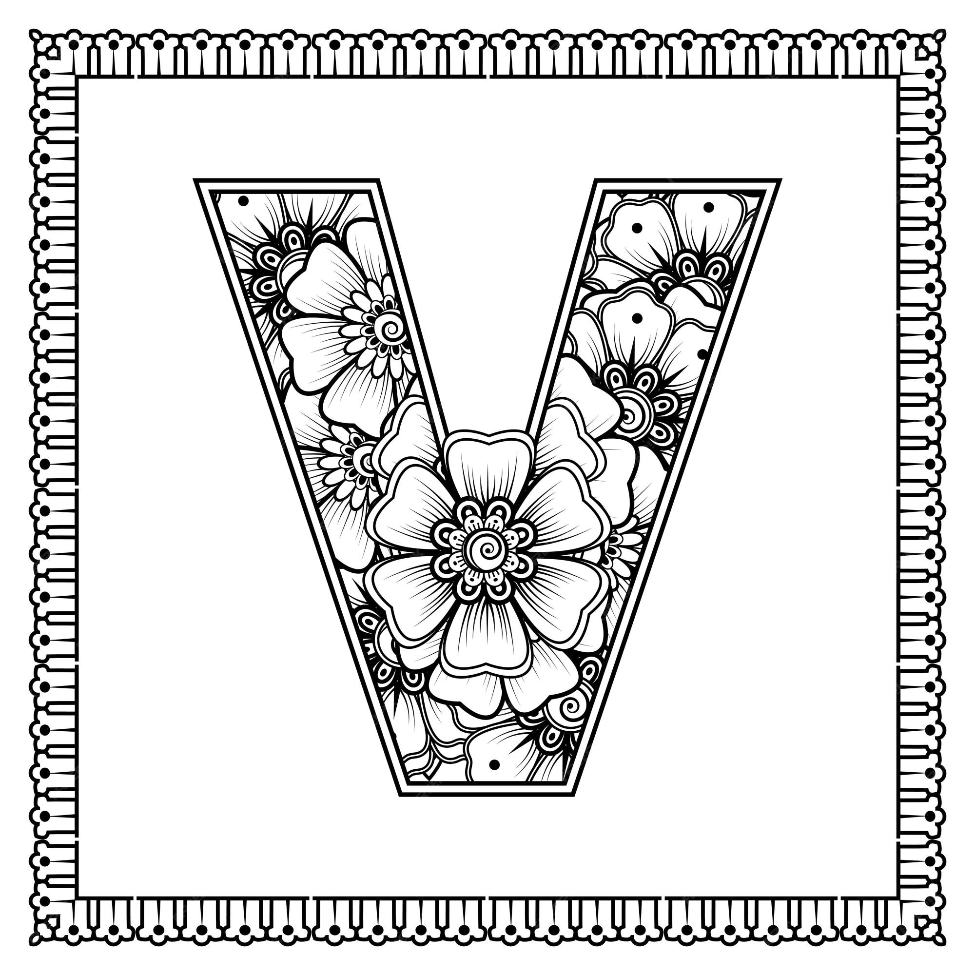 Premium vector letter v made of flowers in mehndi style coloring book page outline handdraw vector illustration