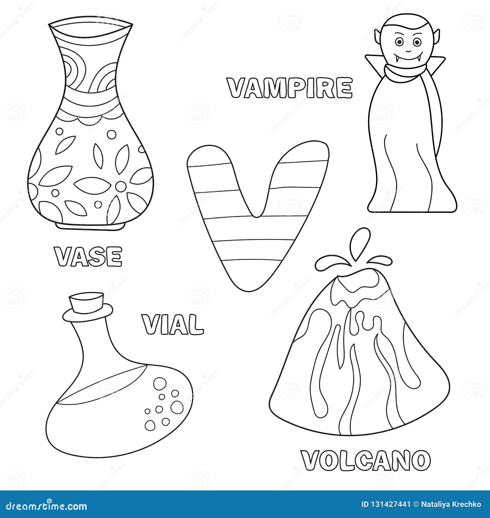 Kids alphabet coloring book page with outlined clip arts letter v stock vector
