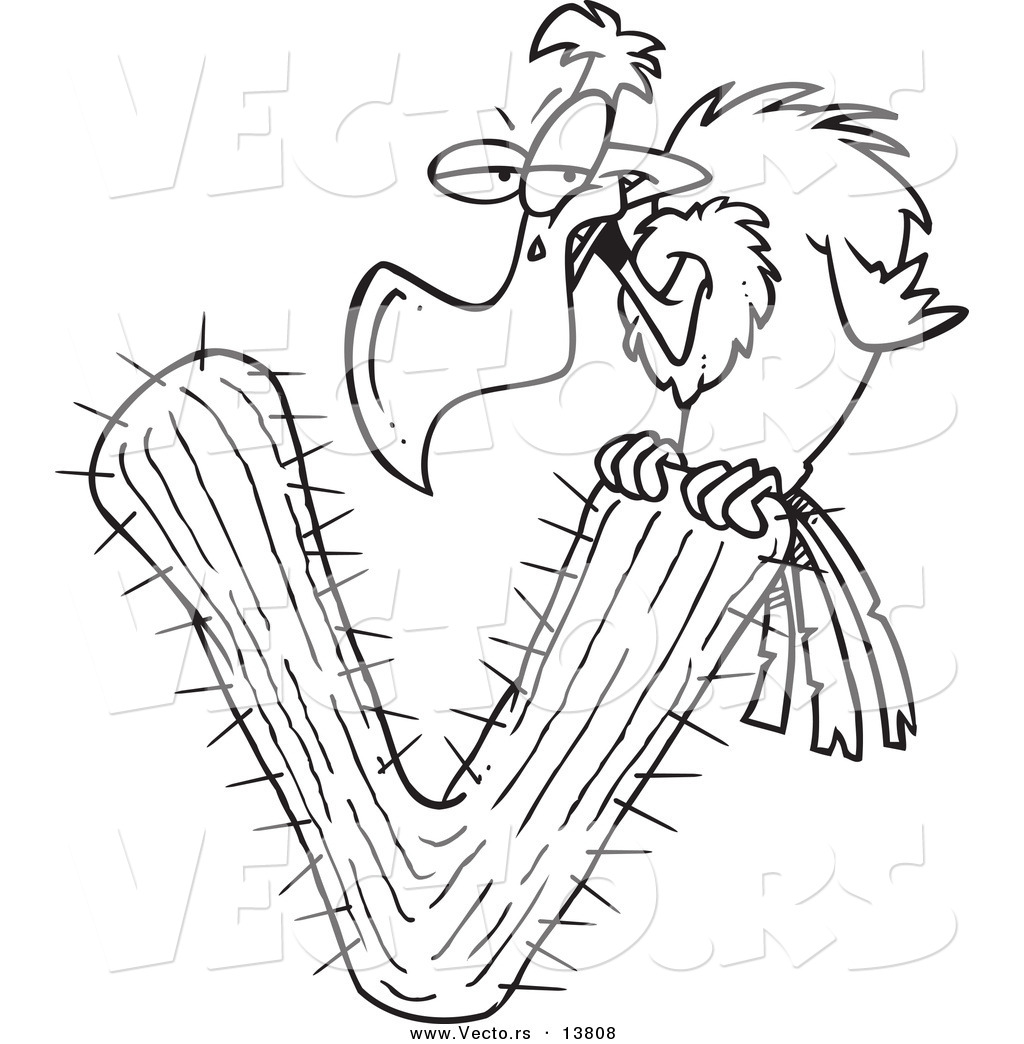 R of a cartoon vulture perched on a letter v cactus