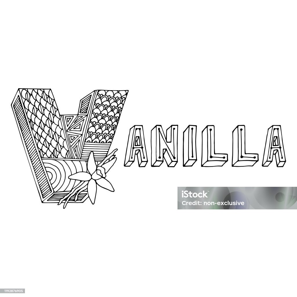 Hand drawing ornamented v letter and vanilla simple black outline illustration for coloring pages wallpapers prints cards posters geometric pattern on white isolated background stock illustration