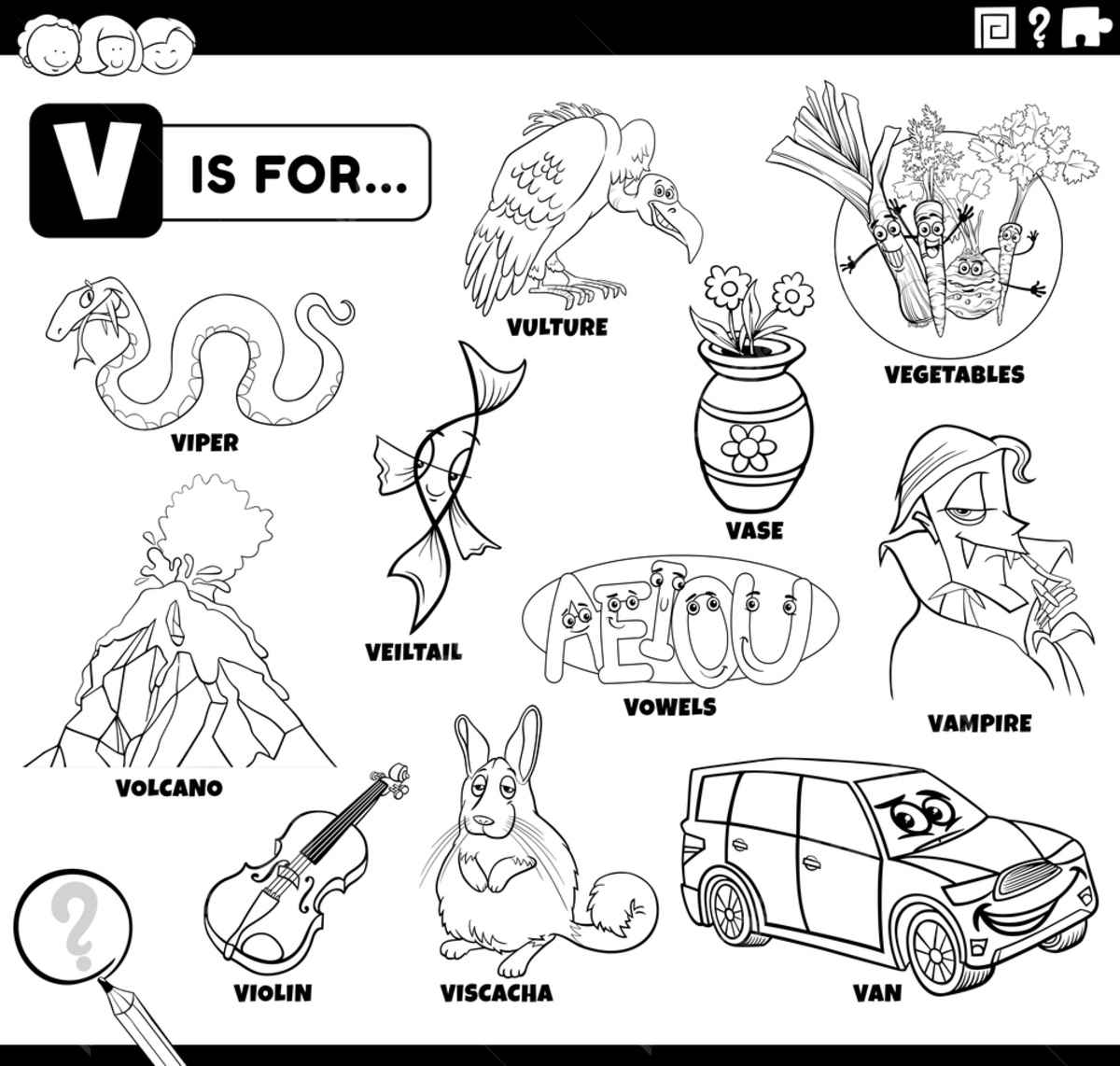 Black and white educational cartoon illustration for children with ic characters and objects set for letter v coloring page template download on