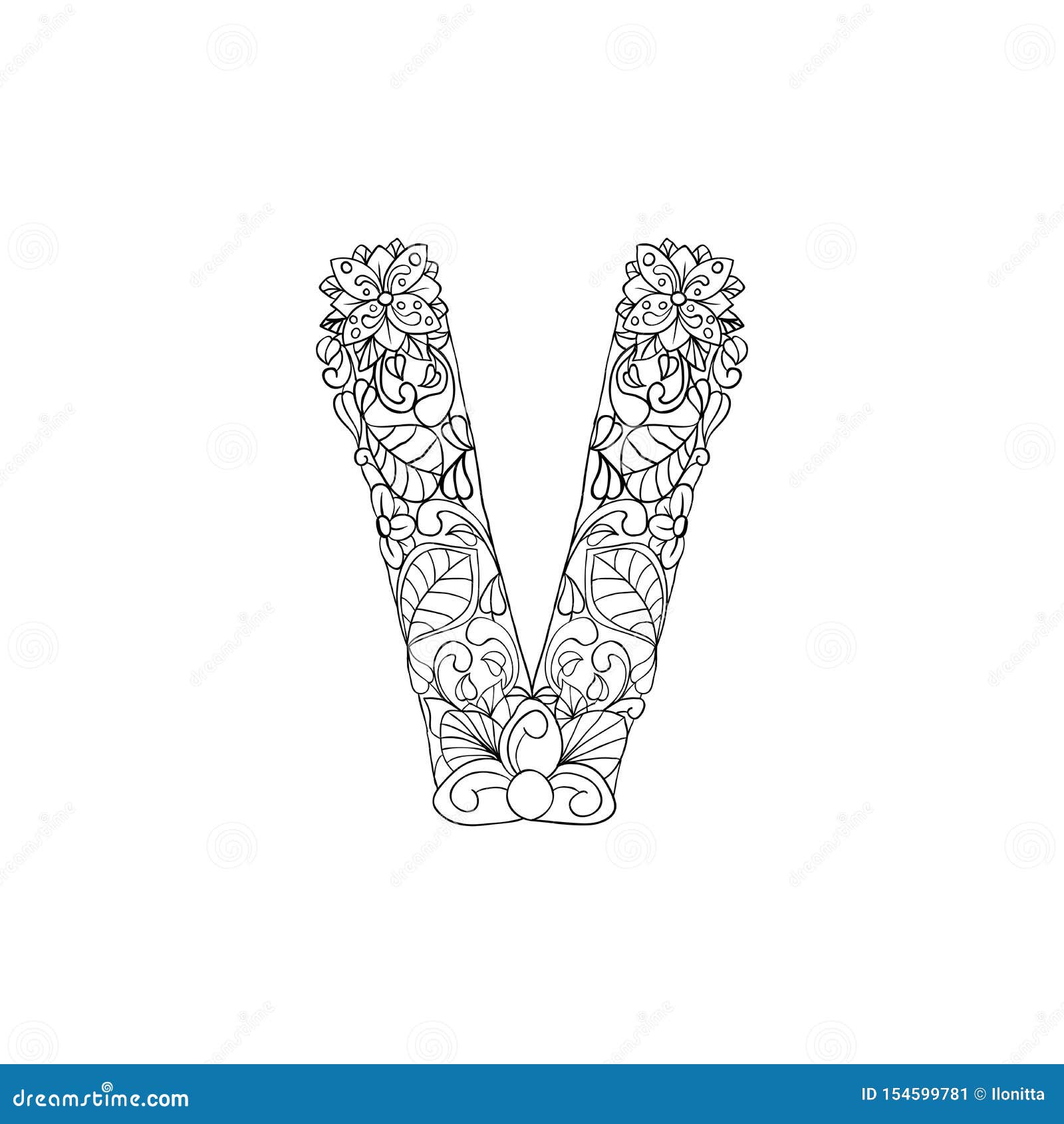 Coloring book ornamental alphabet letter v font stock vector