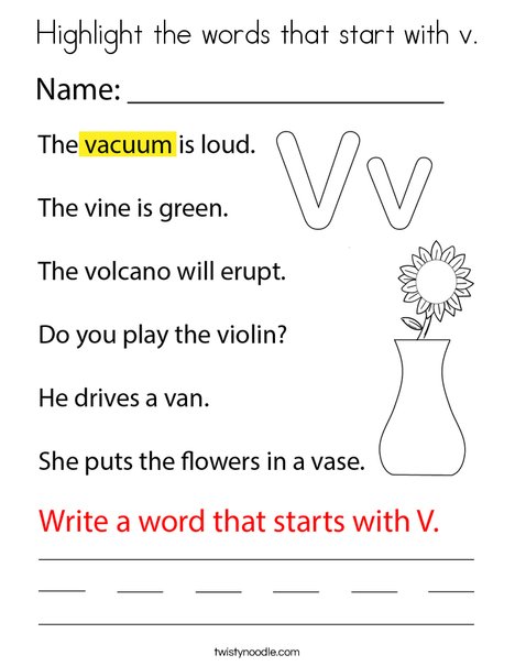 Highlight the words that start with v coloring page