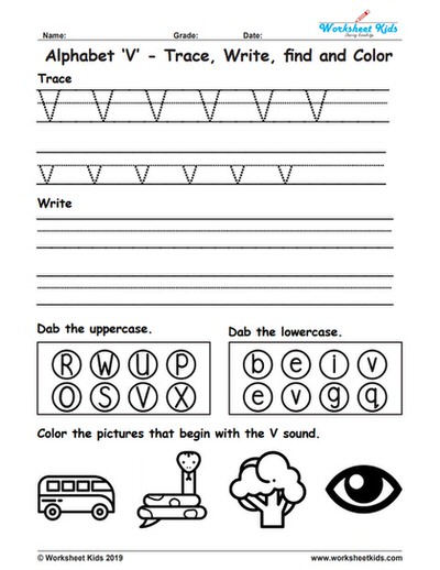Alphabet letter v trace write find color