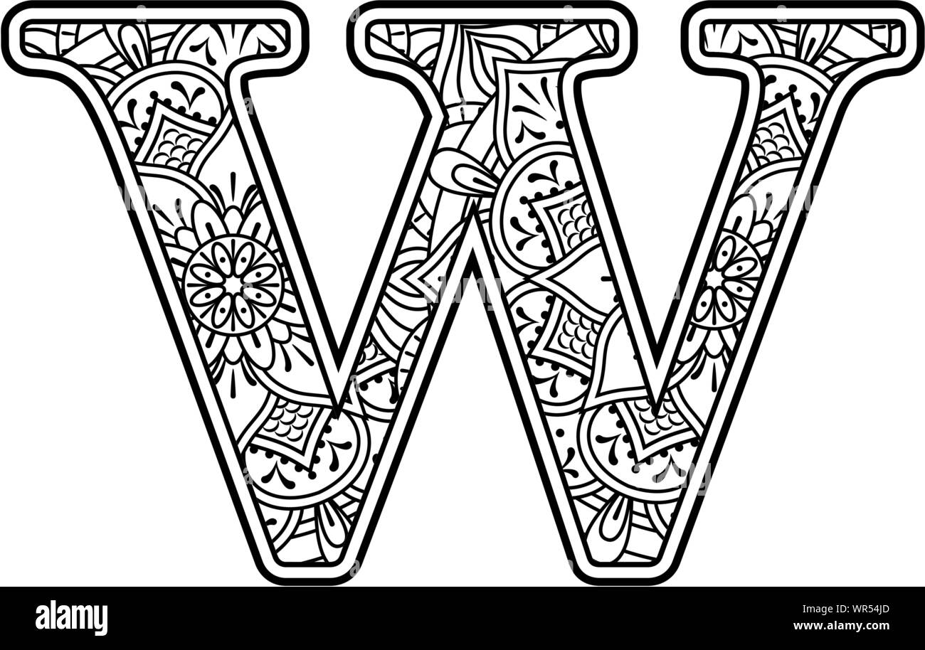 Initial w in black and white with doodle ornaments and design elements from mandala art style for coloring isolated on white background stock vector image art