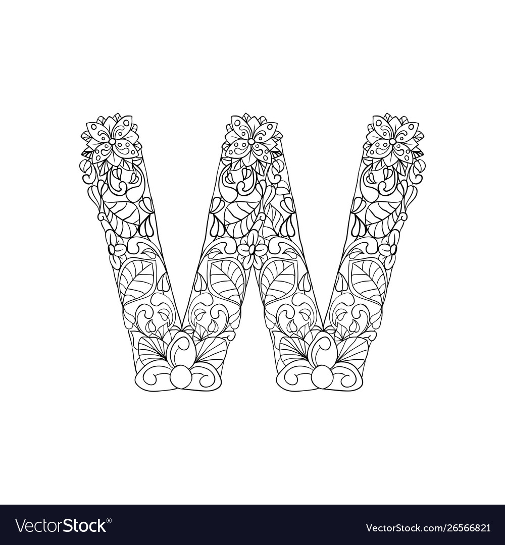 Coloring book ornamental alphabet letter w font vector image