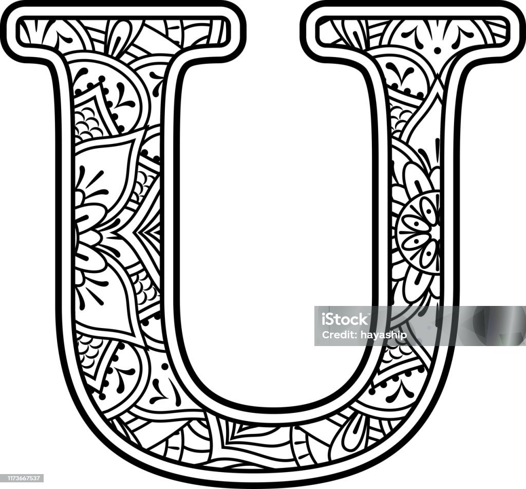 Mandala art coloring letter u stock illustration