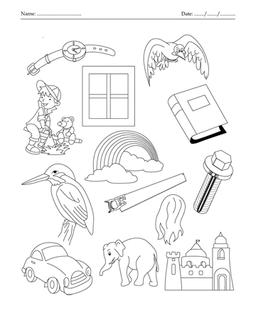 Color the picture which end with letter w printable coloring worksheet